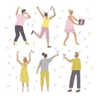 Happy people characters celebrating, dancing and having fun at a birthday party. Set of colorful characters. Flat hand drawn vector Illustrations