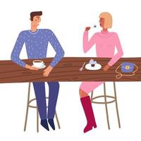 la pareja disfruta de una cita romántica comiendo pastel y tomando café juntos. feliz hombre y mujer sentados a la mesa y comunicarse en café aislado en blanco. vista frontal. ilustración plana vectorial. vector