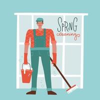 Man cleaning staff with mop and bucket. Happy male janitor in cap and uniform with equipment for washing floor. Male professional house worker or office cleaner. Flat vector illustration.