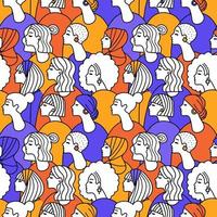 Different adult women s head seamless pattern background. Feminist International Women s, Mother s Day. Women support, girl power. Hand drawn line drawing doodle vector illustration