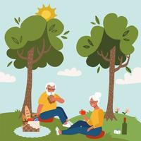 Happy elderly couple having romantic dinner outdoor. Pair of smiling old man and woman eating meals and drinking wine on picnic under the trees. Flat cartoon vector illustration.