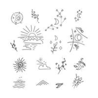 Collection of doodle decor elements - rising or setting sun, moon, clouds and stars symbols. Set of day and night time pictograms drawn with black lines on white background. Linear vector illustration