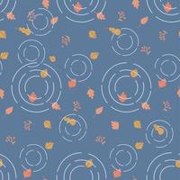 Autumn leaves in a blue Puddle with circles on the water. Top view fall underfoot ground. Vector Seamless Pattern. Flat hand drawn illustration.