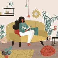 Young woman sitting on sofa in her room and reading a book. Weekend or free time spending. Feminine time concept. Girl chilling in cozy living room. Vector cartoon flat illustration.