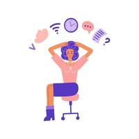 Multitasking and time management concept. Business woman doing multiple tasks at once. Busy Woman holding her head sitting on office chair. Flat vector illustration.