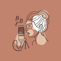 ilustración de una silueta de niña sosteniendo un micrófono retro cantando una canción vector