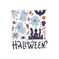 Happy Halloween square pattern greeting card with ghosts, black spider, scary castle and spider web. Flat vector illustration with lettering.