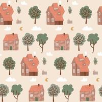 Seamless pastel colorful pattern with houses and green trees. House doodle pattern for kids fabric, textile, nursery wallpaper. Repeated village flat vector illustration with different small buildings