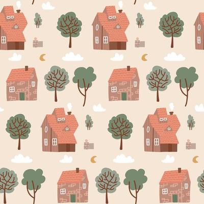 Seamless pastel colorful pattern with houses and green trees. House doodle pattern for kids fabric, textile, nursery wallpaper. Repeated village flat vector illustration with different small buildings