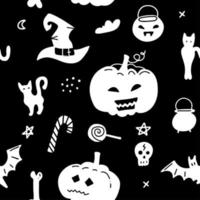 patrón transparente de vector halloween aislado sobre fondo negro. elementos de vacaciones - gato, sombrero, dulces y calabaza. diseño simple de silueta.