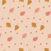 hojas de otoño lindo patrón sin costuras. hojas caídas de colores pastel y pequeñas bayas. papel tapiz otoñal o diseño textil. ilustración plana plana vector