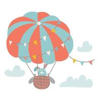 lindo conejito volando con globo de aire en el cielo nublado. ilustración plana vectorial aislada en estilo dibujado a mano.