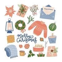 Collection of Christmas things - decorations, holiday giftboxes, winter knitted sweater, wreath and letter isolated on white background. Colorful flat vector illustration