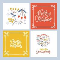 conjunto de tarjetas de felicitación navideñas con letras escritas a mano y bayas, ramas, hojas, elementos de copos de nieve. plantillas de etiquetas cuadradas de vacaciones para la celebración de invierno. ilustración vectorial plana vector