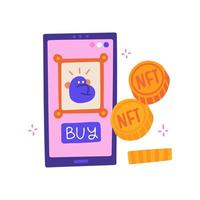 NTF concept. Non-fungible token technology. Crypto art sold for cryptocurrency. Image on the smart phone screen. Online gallery Cryptoart. Investment in digital painting. Vector flat illustration.