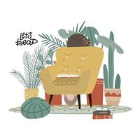 Let s read concept. Modern cartoon living room with furniture and plants. Cozy scandonavoan interior with armchair, many houseplants, books and cat. Flat style vector illustration. Isolated print.