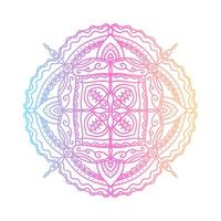 Round bright gradient mandala on white isolated background. Vector boho mandala in blue, yellow and pink colors. Mandala with abstract patterns. Yoga template