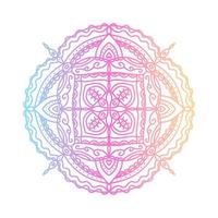 Round bright gradient mandala on white isolated background. Vector boho mandala in blue, yellow and pink colors. Mandala with abstract patterns. Yoga template