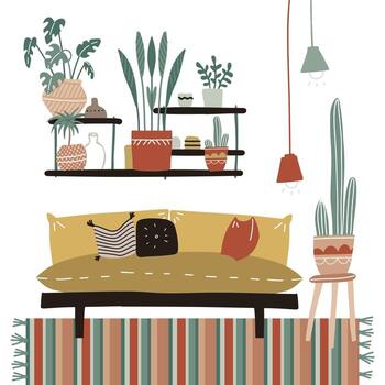 Lagom Furniture in cozy home interior with many house plants, shelf, striped carpet, comfort sofa with pillows, home decorations. Living room in Scandinavian style. Flat hand drawn vector illustration