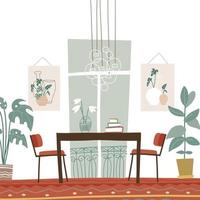 Modern elegant dining room interior with table and chairs, paintings, french window, big indoor plants. Vector illustration flat boho style.