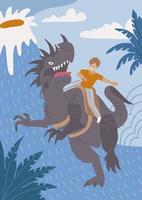 Brave boy riding angry dinosaur with fun. Prehistoric site with an erupting volcano background. Flat vector hand drawn illustration.