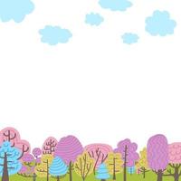 Trees elements of natural forest landscapes, Flat hand drawn childish design vector illustration. Spring background with space for text