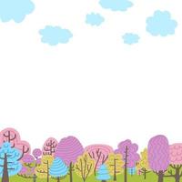 elementos de árboles de paisajes de bosques naturales, ilustración vectorial de diseño infantil dibujada a mano plana. fondo de primavera con espacio para texto vector