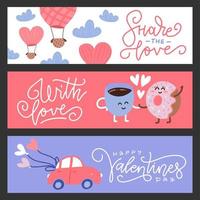 conjunto de pancartas y tarjetas de felicitación del día de san valentín de diseño plano. lindos personajes, auto y globo. ilustración vectorial plana. vector