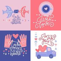 St Valentine s greeting cards set. Abstract modern boho illustration collection. Hand drawn vecor bohemian square banners with linear lettering text. 14 February. vector