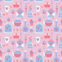 Valentine s day seamless pattern. Love, romance flat icons - hearts, potion, bottles, letter for valentine card decor. Pink , white and blue colored wallpaper for february 14 celebration. vector