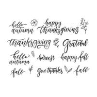 Autumn and Thanksgiving hand written brush lettering and doodles floral icons set, isolated on white. Seasonal calligraphy. Typographic design elements for stickers, gift tags, greeting cards. Vector