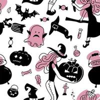 Hand drawn seamless vector pattern with cute witches gorls in Halloween costumes, on a white background. Scandinavian style flat design. Concept for girly textile print, wrapping paper. Black and pink