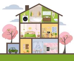 House in cut. Detailed interior. Set of rooms with furniture. Cross section with bedroom, living room, kitchen, dining, bathroom, nursery, garage. Home inside. Flat cartoon style vector illustration.