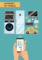 Internet of things concept design with male hands holding mobile phone connected to various everyday things. Future of network high technology in everyday life. Isolated flat vector illustration