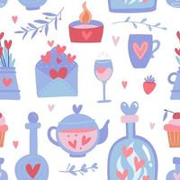 Cute seamless pattern for Valentine s Day or Wedding. Love concept. Potion love bottle and glass teapot. Vector flat hand drawn illustration