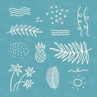 Abstract summer decor elements set with waves, palm leaves, dots for t-shirts, prints, postcards. hand drawn linear design in doodle style on blue textured background. vector