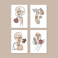 Set contemporary minimalistic art poster with female faces with fall floral elements - leavea, pear and fig. Linear simple style with abstract color shapes. Vector hand drawn illustration.