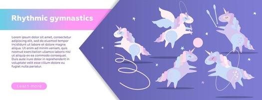 Horizontal Web banner design template for rhythmic gymnastics school. Modern vector illustration concept. Cute unicorns doing rhythmic gymnastics with ribbon, ball, hoop, skipping rope