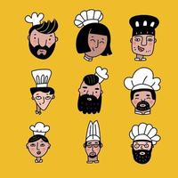 Set of chef cooks cartoon faces in color doodle style. Collection of nine different cooks heads with smiling faces wearing the traditional white toque or hat. Flat vector illustration.