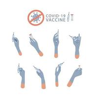 Big set with Doctor hands holding syringe and ampoule with vaccine or medicine. Hands in gloves making an injection. COVID-19 Vaccination concept. Preventive medicine, treatment. Isolated flat Vector