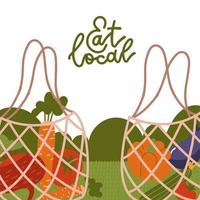 Eat local - lettering banner. Net bags with organic food. Trendy eco shopper with vegetables. Reusable textile shopping bags. Local market concept. Vector cartoon flat illustration.