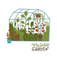 Lettering print - My secret garden. Glass greenhouse with plants growing in pots or planters. Vector flat illustration with cute glasshouse or botanical garden. Colored concept of home gardening.