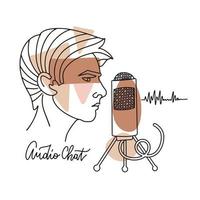 Record podcast, radio broadcast, tutorial audio. Male face in profile making a speech in a large microphone. Audio chat elegant concept. Vector linear illustration.