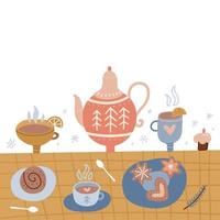 Cute checkered tablecloth with a teapot, cups of tea and gingerbread cookies on a white background. Freehand drawing, Cozy winter mood. Side view flat vector illustration.