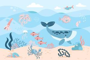 Sea inhabitants. Octopus, whale, fish, crab and algae. Marine life on sea bottom with ankor on sand. Hand drawn flat cartoon background. Underwather world. Vector illustration of Undersea Landscape