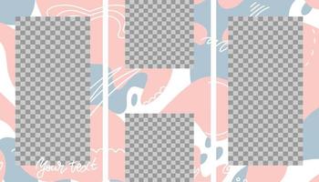 Editable template for Stories and Streaming with trendy geometric shapes in pink, grey color in doodle style. Vector flat hand drawn illustration. 3 puzzled simple, stylish, minimal designs.