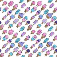 Icecream background seamless vector pattern. Doodle hand drawn art ice cream in modern pink and violet color. Different Dessert food. Set of various rough simple color outline sketches