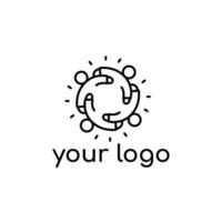 Simple linear logo. Four Persons in circle. Comunication Skills concept. Round composition, people hug. Vector illustration can be used for competencies, multitasking, leadership metaphor