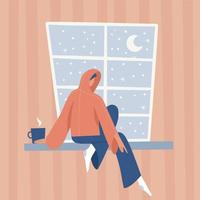 Woman drinking hot coffee and sitting on the window in winter time. Girl wearing casual clothes at home. Snowfall outside. Cozy interior with striped wall. Flat hand drawn vector illustration.