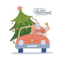 Vintage red cabriolet with santa claus holding bell in hand and big christmas tree. Vector isolated flat style illustration. Merry christmas stylized typography.